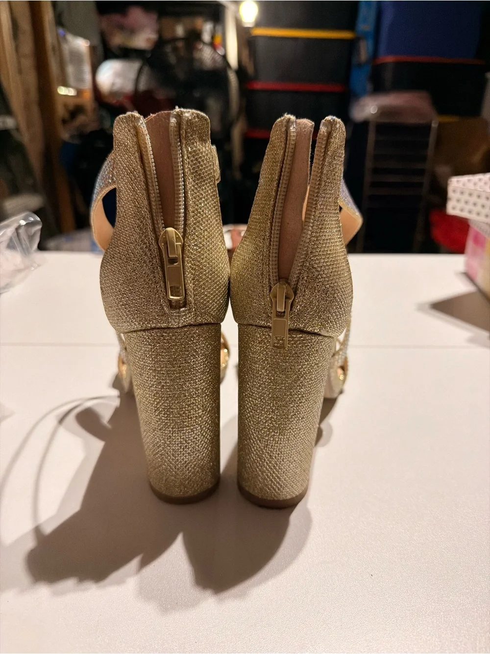 Delicious Gold Rhinestone Crisscross Block Heel Sandals